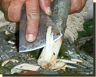 Removing the wild cherry branch's bark with the tomahawk head.