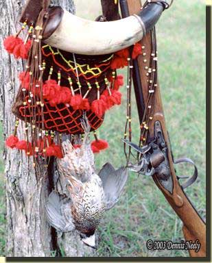 A bobwhite quail, a shot pouch, powder horn and Northwest trade gun.