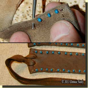 Opening holes with the awl and attaching the thong.