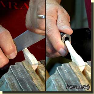 Using a butcher knife as a scraping tool.