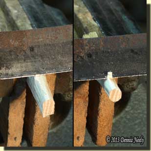 Using a drawknife to shape the peg end.