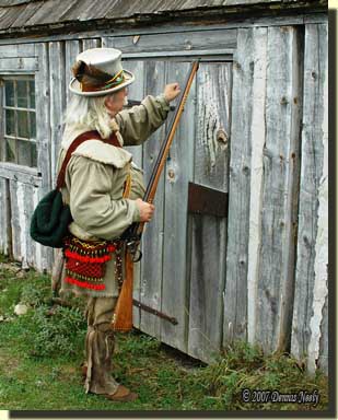 A traditional woodsman knocking on a cabin door.