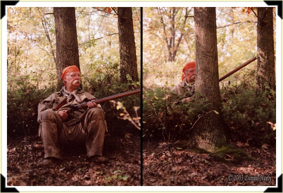 A composite picture showing a traditional woodsman in front of and behind an oak tree.