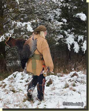 Msko-waagosh, the Red Fox, with a wild turkey in a snowy landscape.